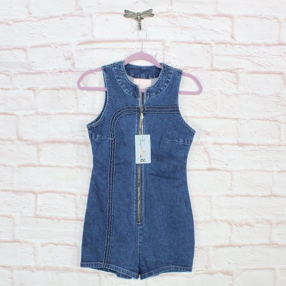 REVICE Pants - NEW Revice Blue Cotton Zip Front Rollergirl Playsuit Denim Romper Size L
